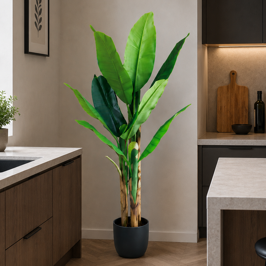 Planta Artificială Copac Tip Bananier, 140 cm, 3 tulpini, 11 frunze, Verde, cu Ghiveci