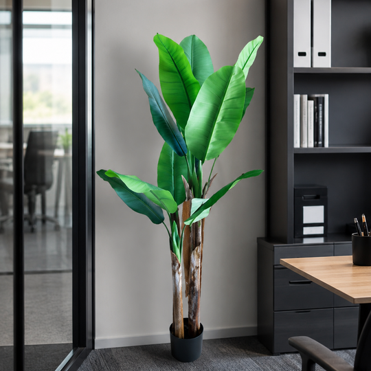 Planta Artificială Copac Tip Bananier, 160 cm, 2 tulpini, 10 frunze, Verde, cu Ghiveci