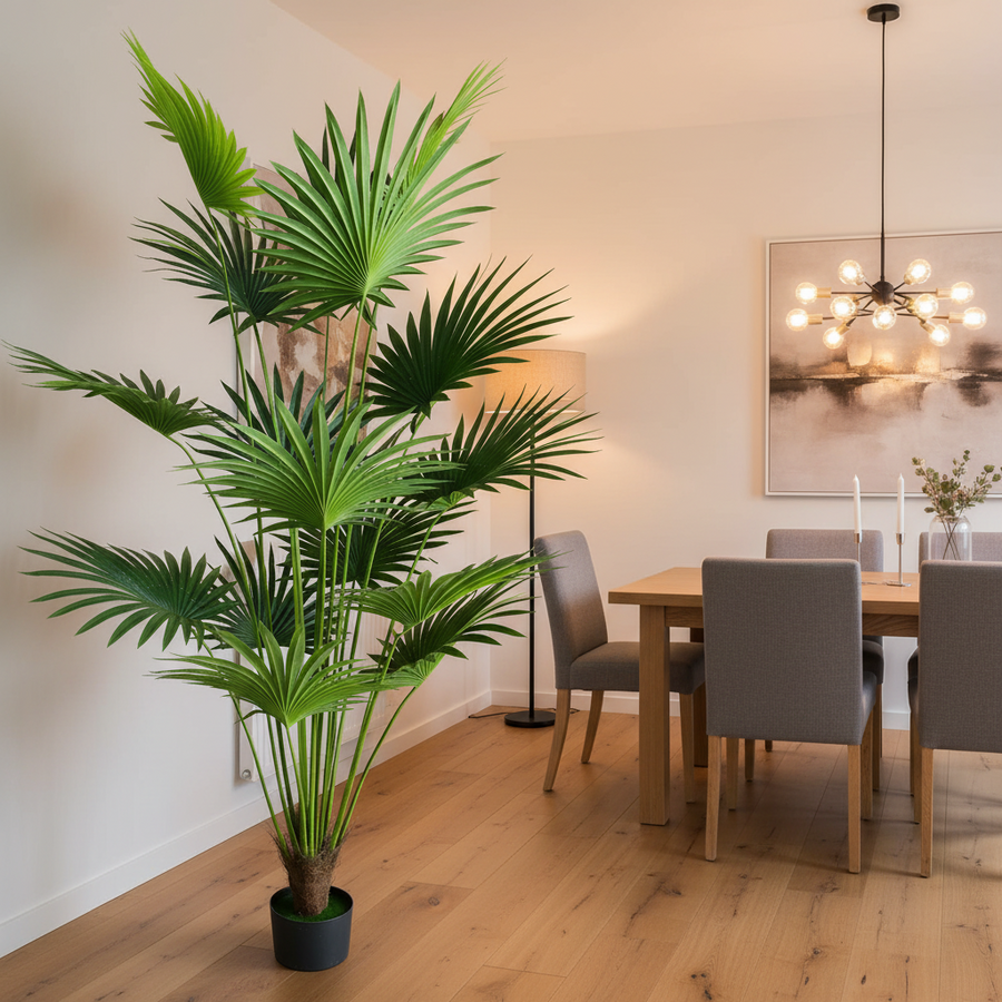 Decorațiune Palmier Livistona Evantai, 15 frunze, Plastic, 200 cm, Verde