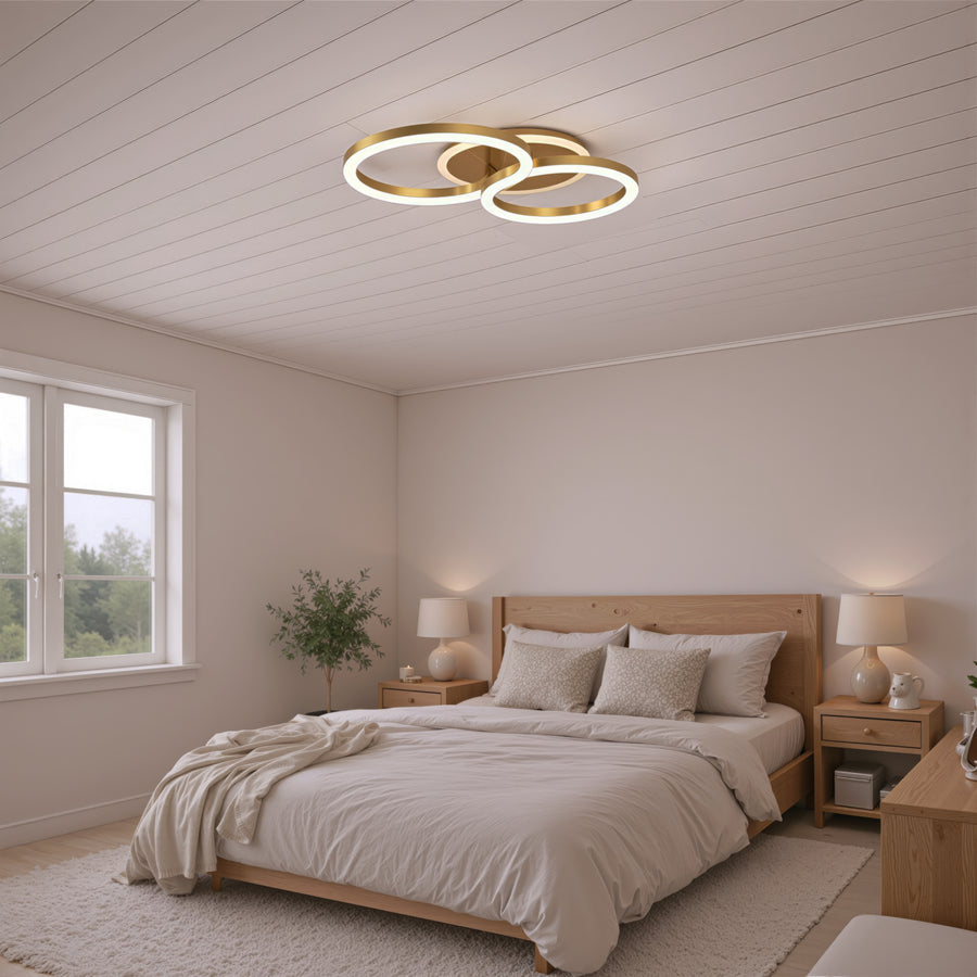 Lustra LED cu telecomanda RINOVA 66W, 2 Cercuri, lumina Rece/Calda/Neutra, Dimabila, Auriu Lucios