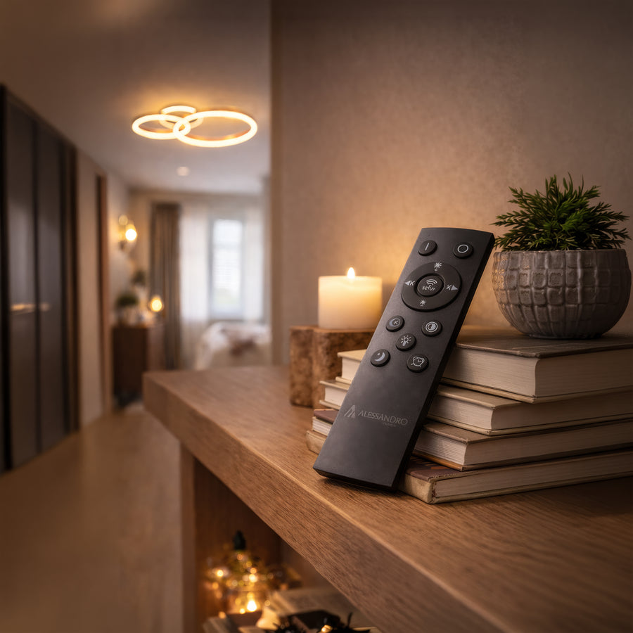 Lustra LED cu telecomanda RINOVA 66W, 2 Cercuri, lumina Rece/Calda/Neutra, Dimabila, Auriu Lucios