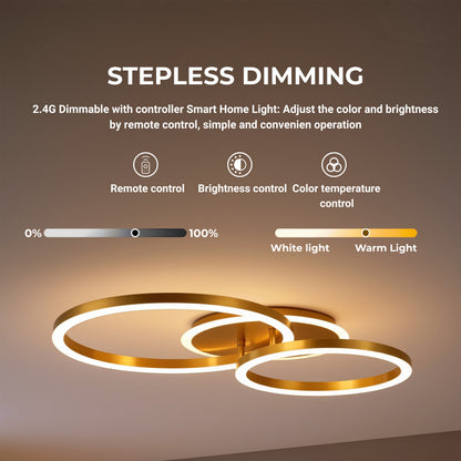 Lustra LED cu telecomanda RINOVA 66W, 2 Cercuri, lumina Rece/Calda/Neutra, Dimabila, Auriu Lucios