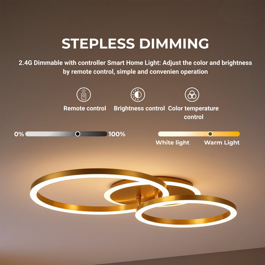 Lustra LED cu telecomanda RINOVA 66W, 2 Cercuri, lumina Rece/Calda/Neutra, Dimabila, Auriu Lucios