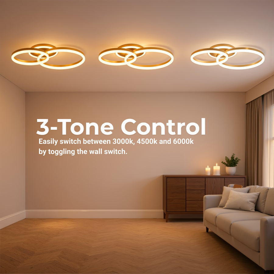 Lustra LED cu telecomanda RINOVA 66W, 2 Cercuri, lumina Rece/Calda/Neutra, Dimabila, Auriu Lucios