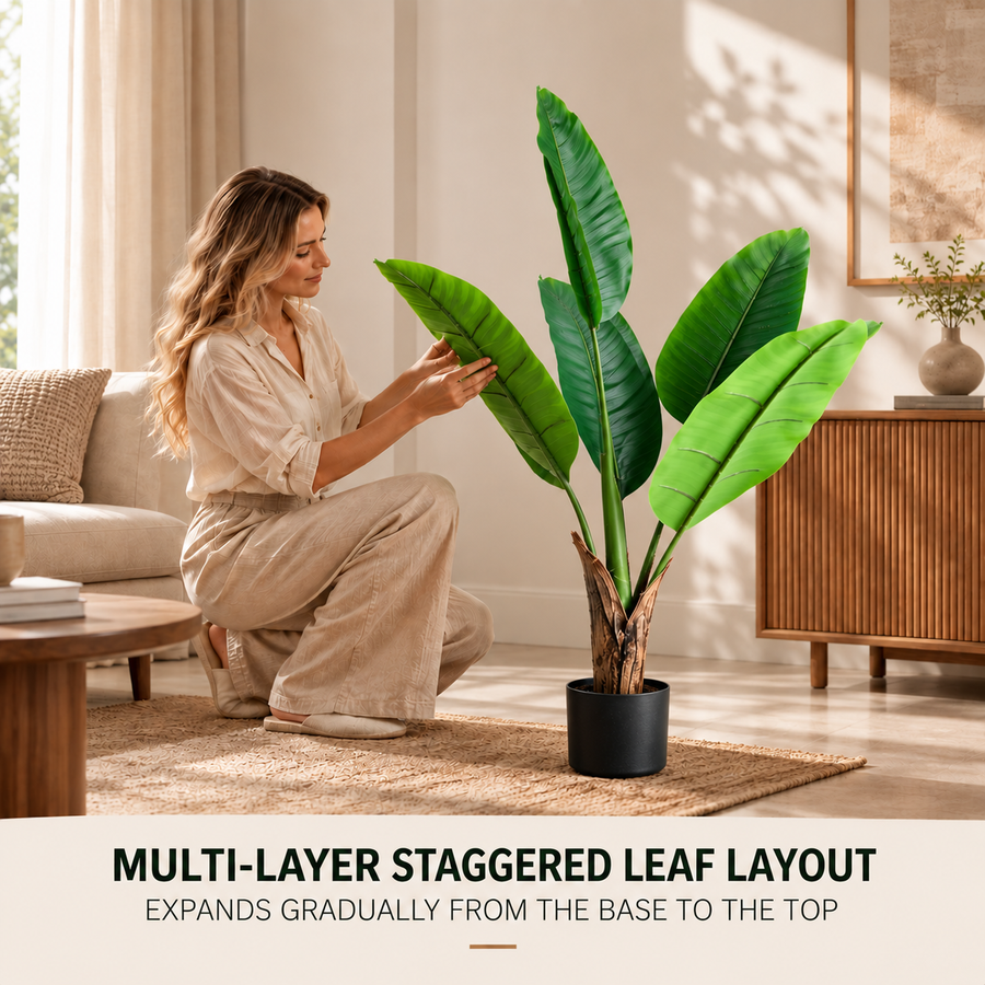Planta Artificială Copac Tip Bananier, 130 cm, 6 frunze, Verde, cu Ghiveci