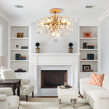 Candelabru Cristal Fiamma, 6x E14, Diametru 45cm, Auriu, Metal si Cristal