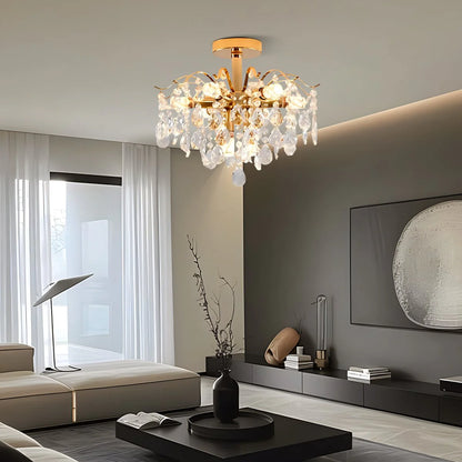 Candelabru Cristal Fiamma, 6x E14, Diametru 45cm, Auriu, Metal si Cristal