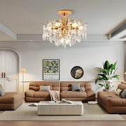 Candelabru Cristal Fiamma, 6x E14, Diametru 45cm, Auriu, Metal si Cristal