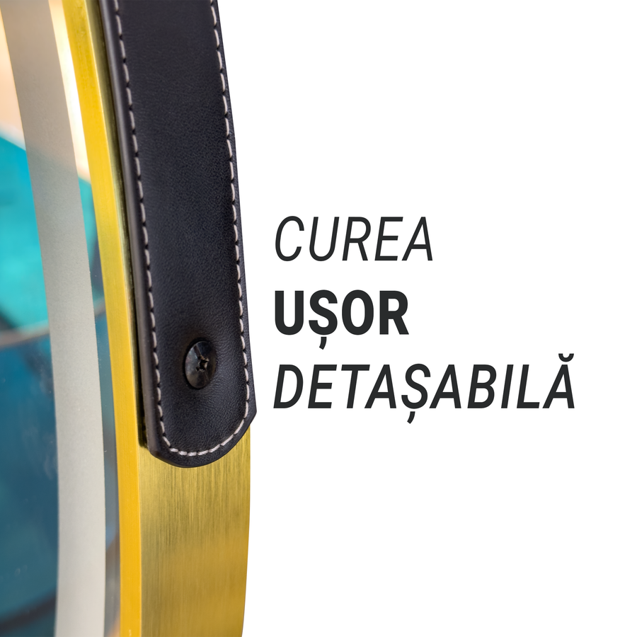 Oglinda LED Rotunda, 60cm, Celeste Royale Gold Eleve MotionGlow Marcello, Sistem Dezaburire, Ceas & Termometru, Dimabila, Curea Detasabila
