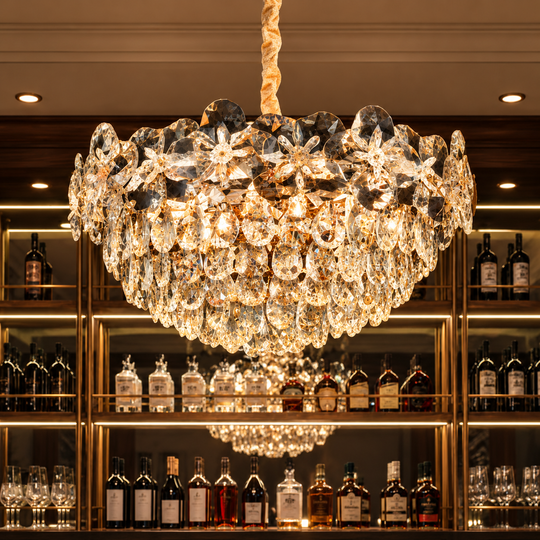Candelabru Cristal JARDIN Magno 14xE14, Diametru 60cm, Inaltime 35cm, Auriu Lucios, Inaltime Reglabila, Design Elegant