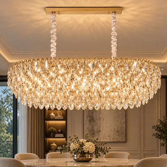 Candelabru Cristal ERDENET Supremo, 12xE14, 92x38x36 cm, Metal si Cristal, Auriu Lucios, Inaltime Reglabila