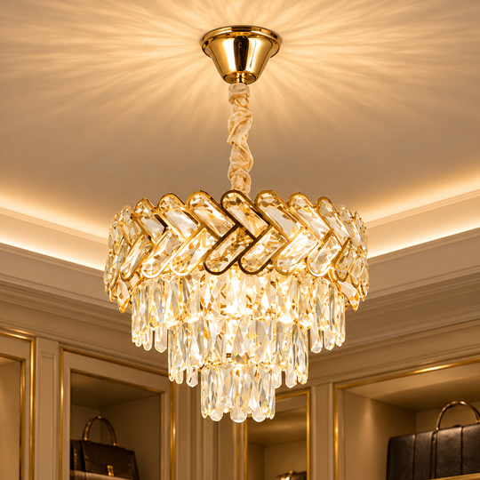 Candelabru Cristal VECTOR Nobile 5xE14, Diametru 39cm, Auriu Lucios, Inaltime Reglabila, Metal si Cristal