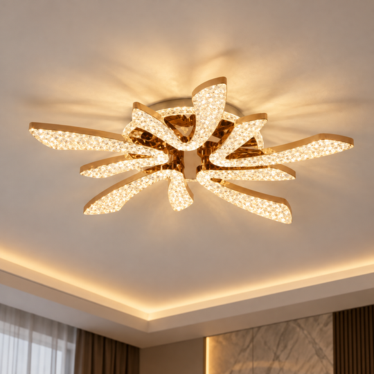 Lustra LED CHARM Magno cu telecomanda si cristal, 68W, Ø59cm, 5 Surse, Lumina Rece/Calda/Neutra, Dimabila, Auriu