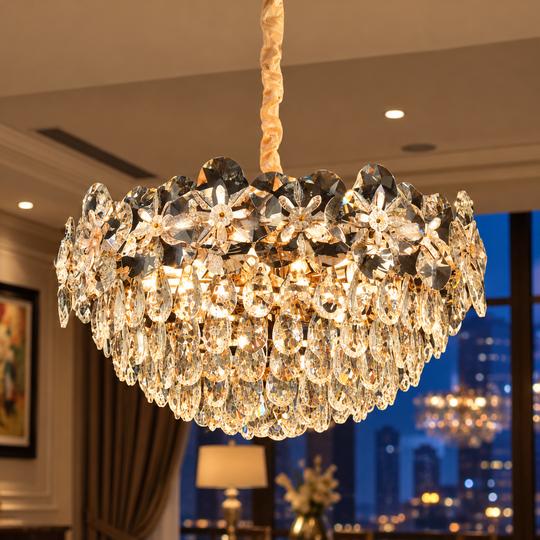 Candelabru Cristal JARDIN Eleganza 9xE14, Diametru 50cm, Inaltime 30cm, Auriu Lucios, Inaltime Reglabila, Design Elegant