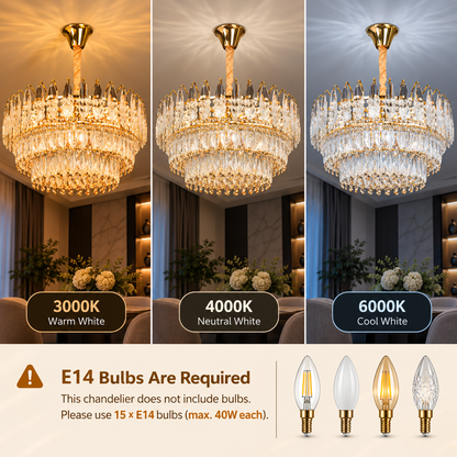 Candelabru Cristal MAJESTIC Magno 15x E14, Diametru 60cm, Auriu Lucios, Inaltime Reglabila