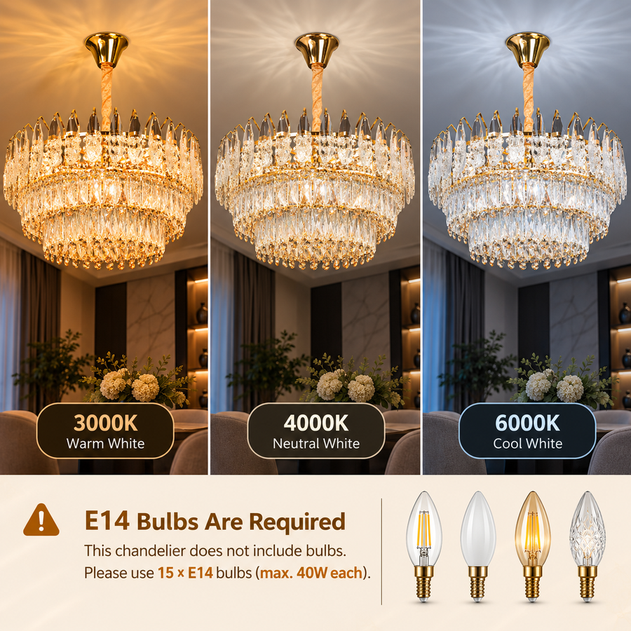 Candelabru Cristal MAJESTIC Magno 15x E14, Diametru 60cm, Auriu Lucios, Inaltime Reglabila
