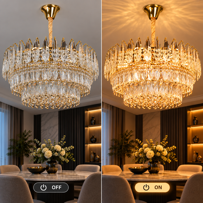 Candelabru Cristal MAJESTIC Magno 15x E14, Diametru 60cm, Auriu Lucios, Inaltime Reglabila