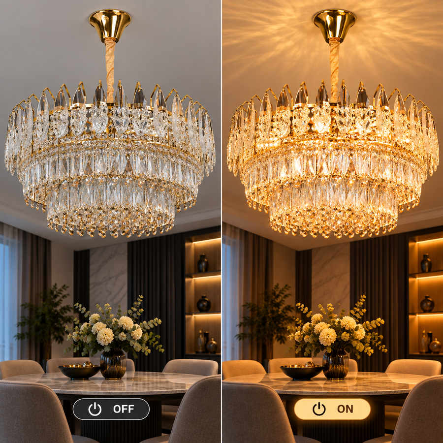 Candelabru Cristal MAJESTIC Magno 15x E14, Diametru 60cm, Auriu Lucios, Inaltime Reglabila