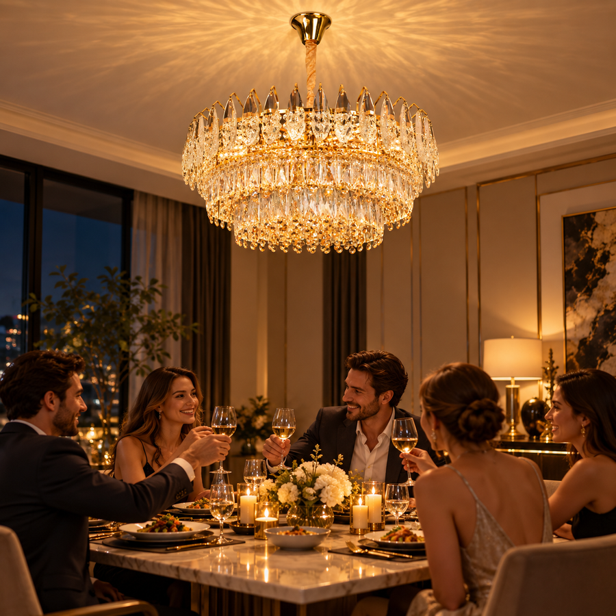 Candelabru Cristal MAJESTIC Magno 15x E14, Diametru 60cm, Auriu Lucios, Inaltime Reglabila