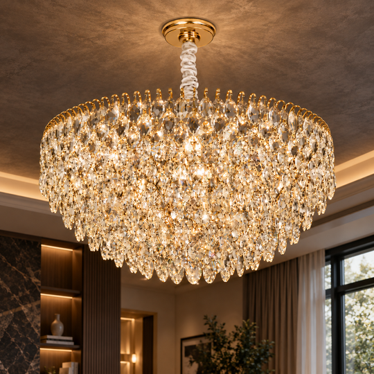 Candelabru Cristal ERDENET Eleganza, 9xE14, Diametru 50 cm, Metal si Cristal, Auriu Lucios, Inaltime Reglabila