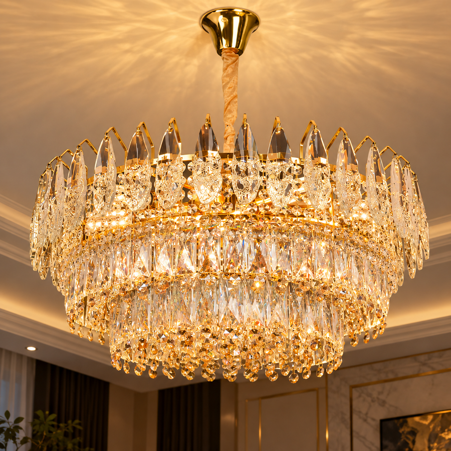 Candelabru Cristal MAJESTIC Magno 15x E14, Diametru 60cm, Auriu Lucios, Inaltime Reglabila