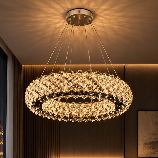 Candelabru Cristal KALTO Nobile, 72W, Lumina Rece/Calda/Neutra, Inaltime Reglabila, Metal si Cristal, Crom Lucios
