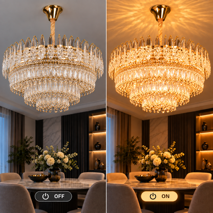 Candelabru Cristal MAJESTIC Regalis 21x E14, Diametru 80cm, Auriu Lucios, Inaltime Reglabila
