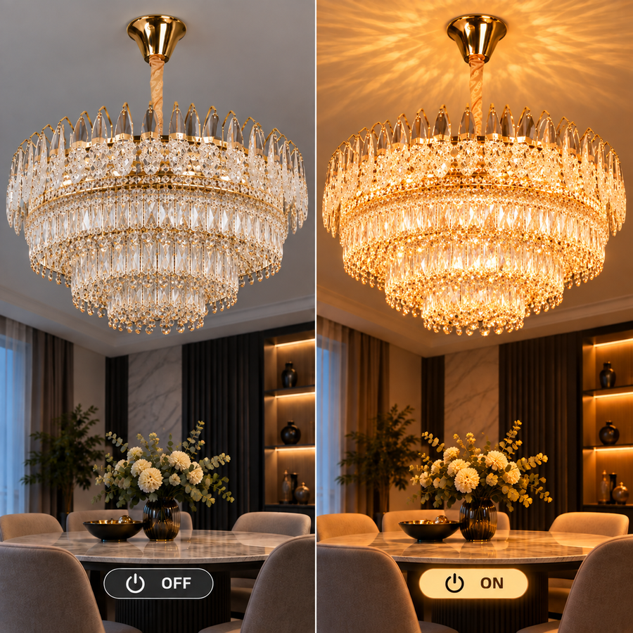 Candelabru Cristal MAJESTIC Regalis 21x E14, Diametru 80cm, Auriu Lucios, Inaltime Reglabila