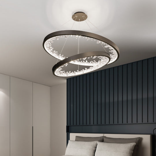 Lustra LED suspendata cu telecomanda, Cristale K9, 73W, 2 Cerc, 60 cm, lumina Rece/Calda/Neutra, Dimabila, Negru, Inaltime Reglabila Lustre Moderne Default Title Alessandro Design