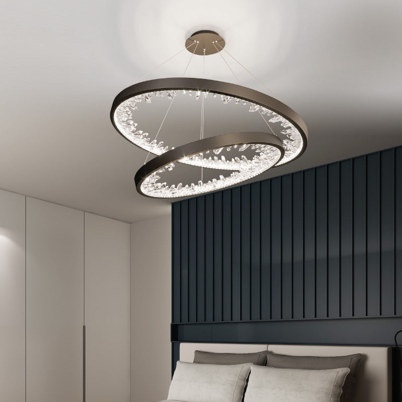 Lustra LED suspendata cu telecomanda, Cristale K9, 67W, 2 Cerc, 60 cm, lumina Rece/Calda/Neutra, Dimabila, Negru, Inaltime Reglabila