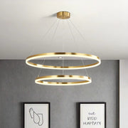 Lustra LED suspendata cu telecomanda  CHRISTINE, 41W, 2 Cercuri, lumina Rece/Calda/Neutra, Dimabila, Auriu Lucios, Inaltime Reglabila