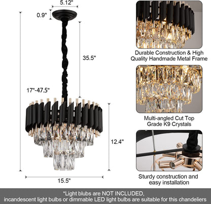 Candelabru Cristal VERSAILLES Petito 3xE14, Diametru 30cm, Auriu Lucios si Negru, Inaltime Reglabila