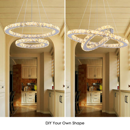 Lustra LED cu telecomanda si cristal PRISM LUMINIS 58W, 2 Cercuri, lumina Rece/Calda/Neutra, Dimabila, Argintiu, Inaltime Reglabila