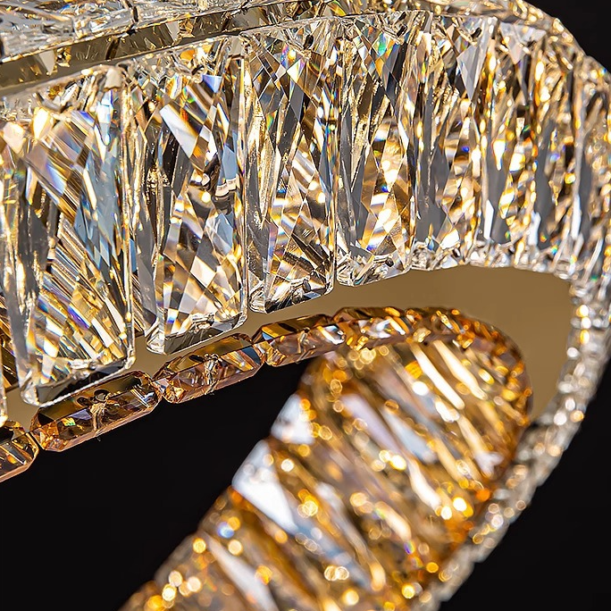 Lustra LED cu Telecomanda, LLC132/300+500GD, Cristal si Metal, 48W, 2 Cerc, Dimabila, Inaltime Reglabila, Lumina Rece/Calda/Neutra, Iluminat Luxos