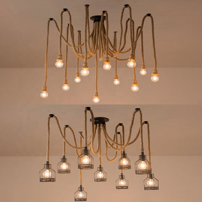 Lustra Vintage LV121/10BK, 10xE27, Rustic, Sfoara si Metal, 2x100cm, Suport Negru