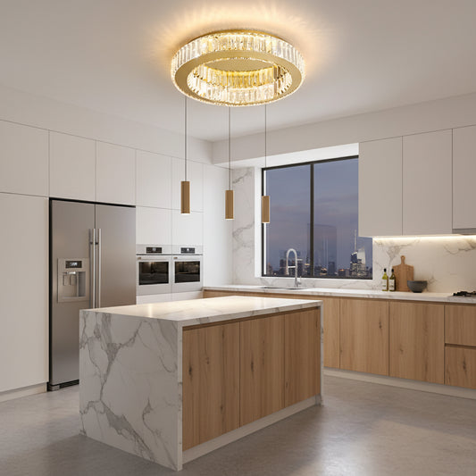 Lustra LED cu telecomanda si cristal VERTUS 31W, 50cm, Cerc, lumina Rece/Calda/Neutra, Dimabila, Auriu