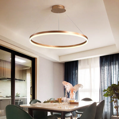 Lustra LED Suspendata, ANINA, 34W, 1 Cerc, Diametru 49cm, Lumina Rece/Calda/Neutra 3000K/4000K/6000K, Dimabila, Auriu Lucios Alb, Inaltime Reglabila, Metal si Acril