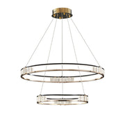 Lustra LED suspendata cu telecomanda si cristal ROGER 100W, 2 Cercuri, lumina Rece/Calda/Neutra, Dimabila, Auriu Lucios, Inaltime Reglabila