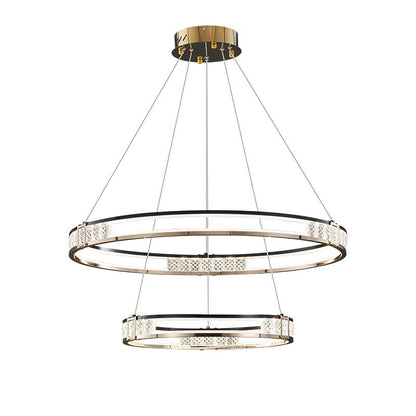 Lustra LED suspendata cu telecomanda si cristal ROGER 100W, 2 Cercuri, lumina Rece/Calda/Neutra, Dimabila, Auriu Lucios, Inaltime Reglabila