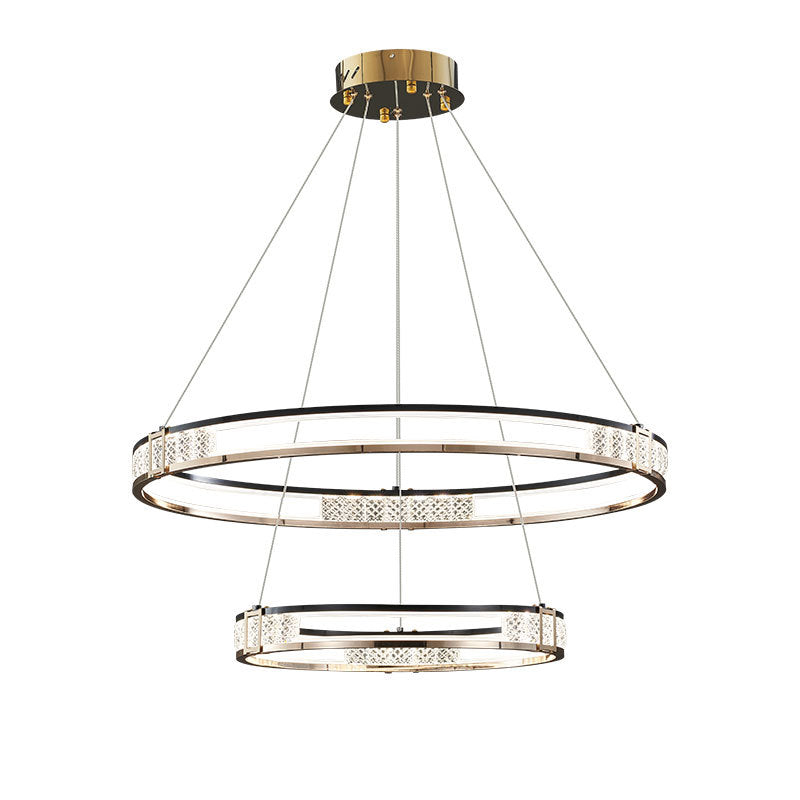 Lustra LED suspendata cu telecomanda si cristal ROGER 100W, 2 Cercuri, lumina Rece/Calda/Neutra, Dimabila, Auriu Lucios, Inaltime Reglabila