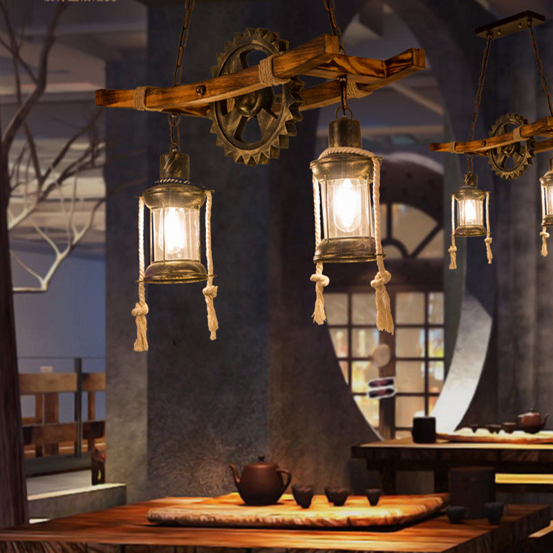 Lustra Vintage cu Franghie LV590/2BK, 2xE27 Lemn Inchis