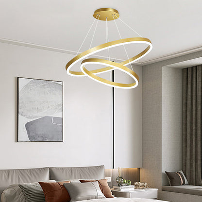 Lustra LED suspendata cu telecomanda  CHRISTINE, 41W, 2 Cercuri, lumina Rece/Calda/Neutra, Dimabila, Auriu Lucios, Inaltime Reglabila