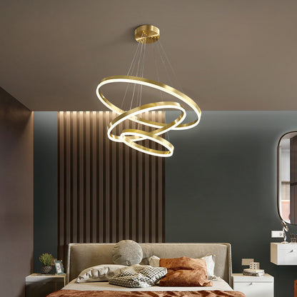 Lustra LED suspendata cu telecomanda ELIZABETH, 85W, 3 Cercuri, lumina Rece/Calda/Neutra, Dimabila, Auriu Lucios, Inaltime Reglabila