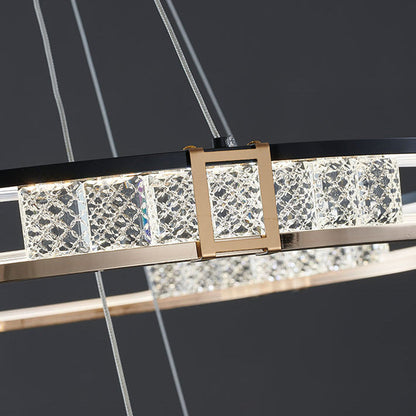 Lustra LED suspendata cu telecomanda si cristal ROGER 100W, 2 Cercuri, lumina Rece/Calda/Neutra, Dimabila, Auriu Lucios, Inaltime Reglabila