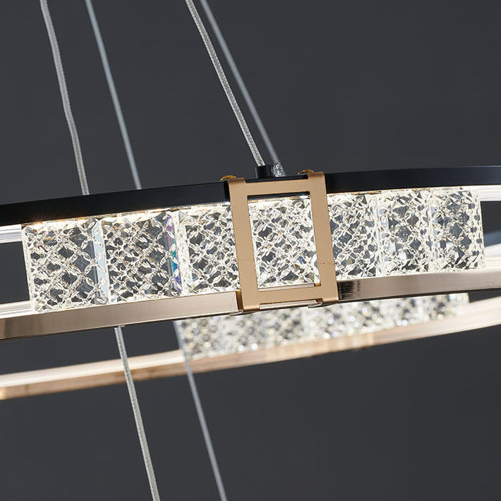 Lustra LED suspendata cu telecomanda si cristal ROGER 100W, 2 Cercuri, lumina Rece/Calda/Neutra, Dimabila, Auriu Lucios, Inaltime Reglabila