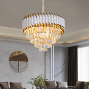 Candelabru Cristal VERSAILLES Eleganza 7x E14, Diametru 49cm, Auriu Lucios si Alb, Inaltime Reglabila