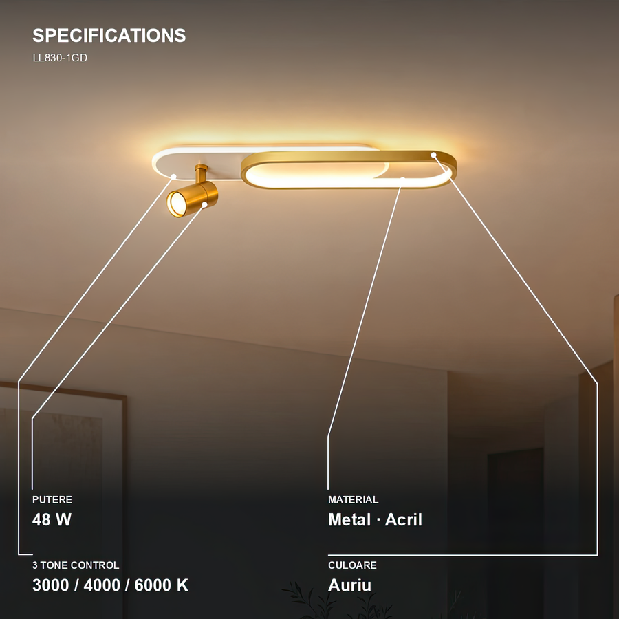 SPECIFICATIONS — 48W, auriu, 3000/4000/6000K LL830-1GD