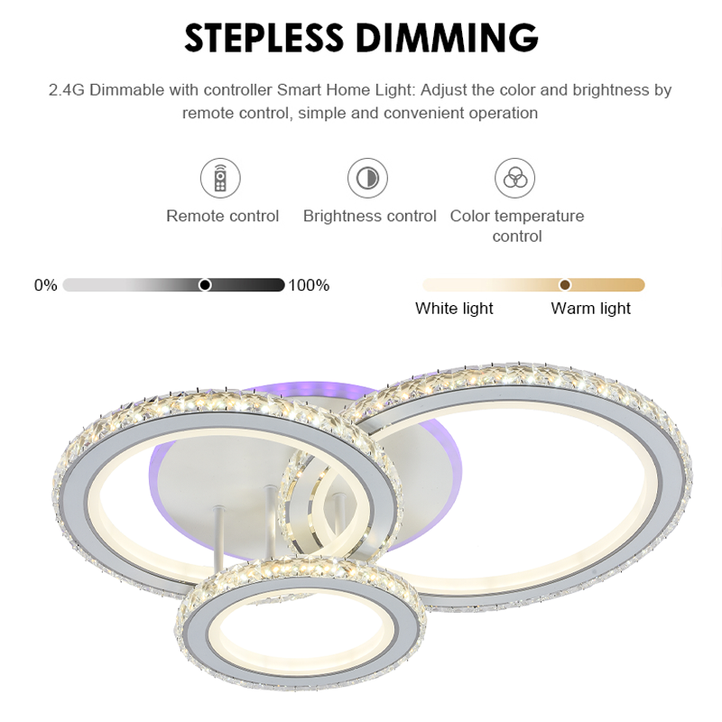 Lustra LED cu telecomanda si cristal NOVA ROTONDA RGB 75W, 3 Cercuri, lumina Rece/Calda/Neutra, Dimabila, Alb