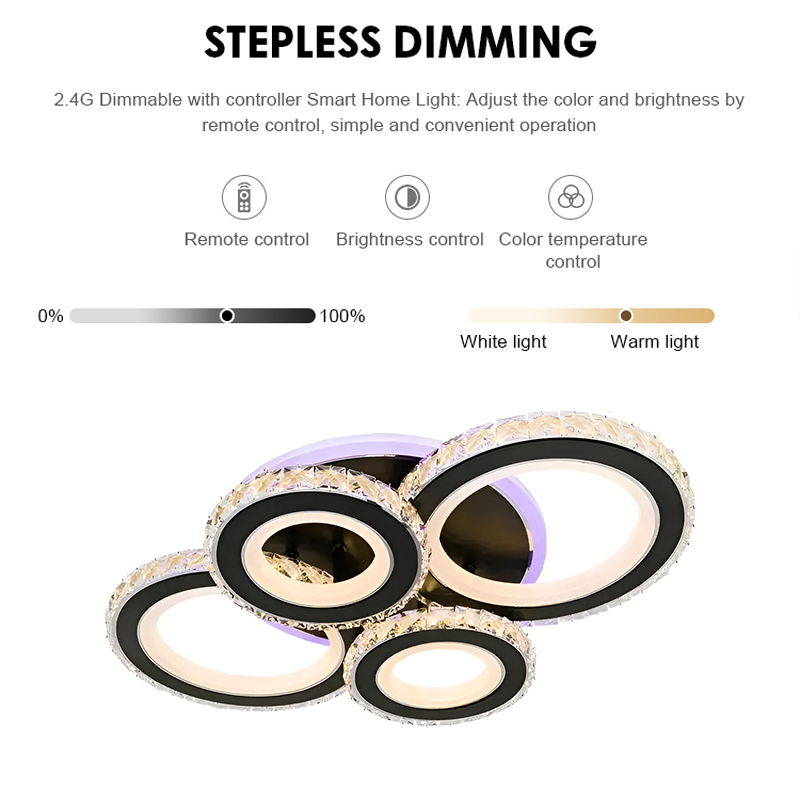 Lustra LED cu telecomanda si cristal NOVA ROTONDA RGB 68W, 4 Cercuri, lumina Rece/Calda/Neutra, Dimabila, Negru