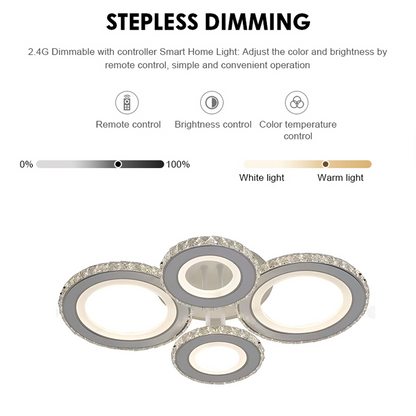 Lustra LED cu telecomanda si cristal NOVA ROTONDA RGB 86W, 4 Cercuri, lumina Rece/Calda/Neutra, Dimabila, Alb